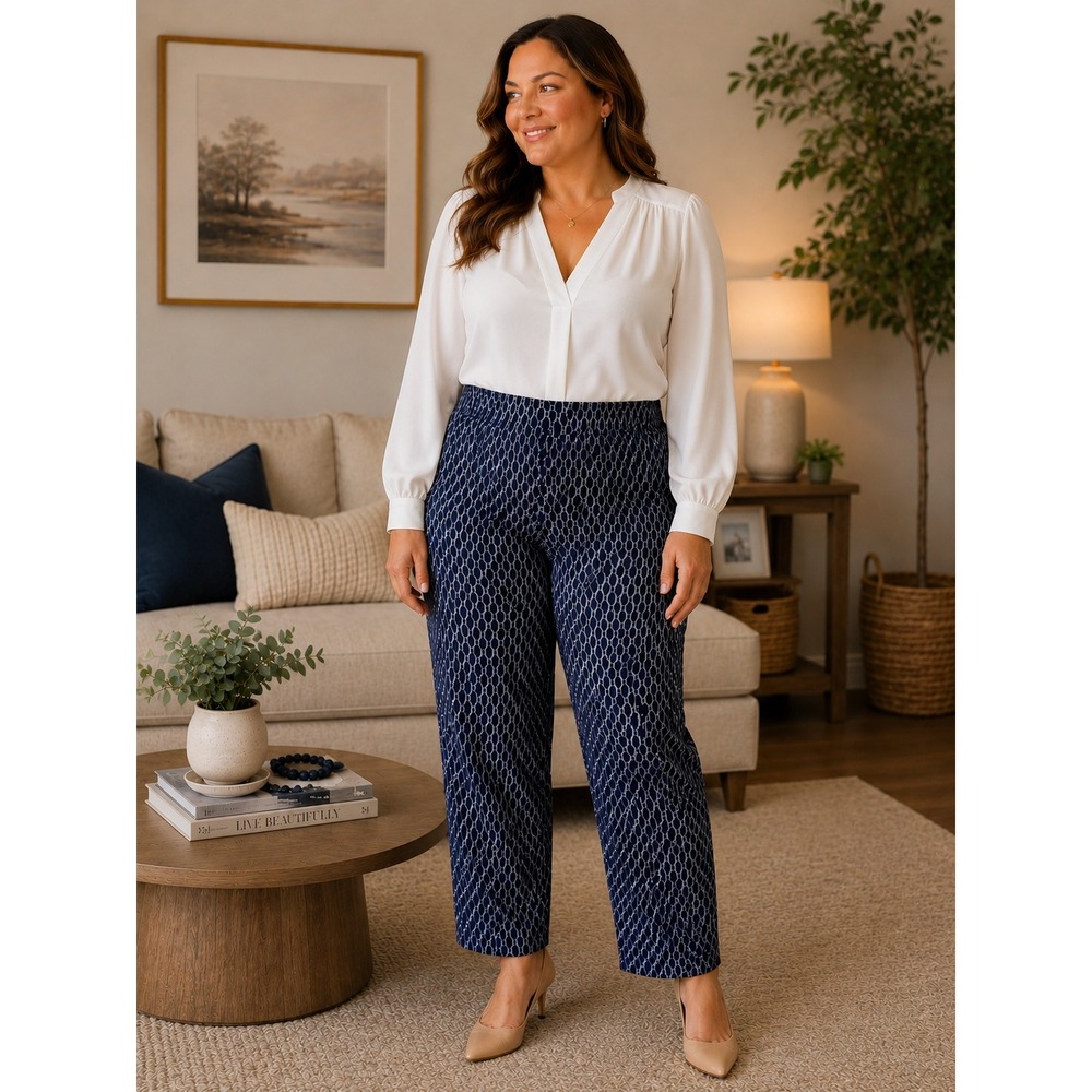 Easywear by Chico's Pull On Pants Womens 3 (16) Navy Geometric Lattice Stretchy